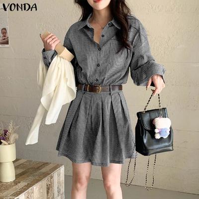 Women Turn Down Collar Long Sleeve Plaid Slim Waist Pleated Casual Shirt Dress