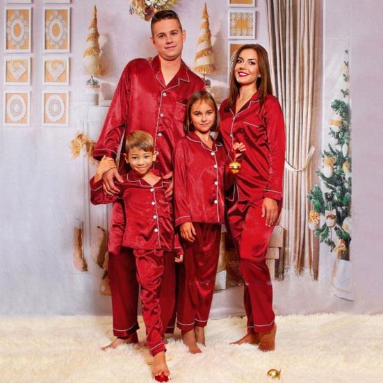 2Pcs/Set Christmas Pajamas Set Family Matching Xmas Pajamas Set Solid Color Smooth Fabric Festive Family Sleepwear