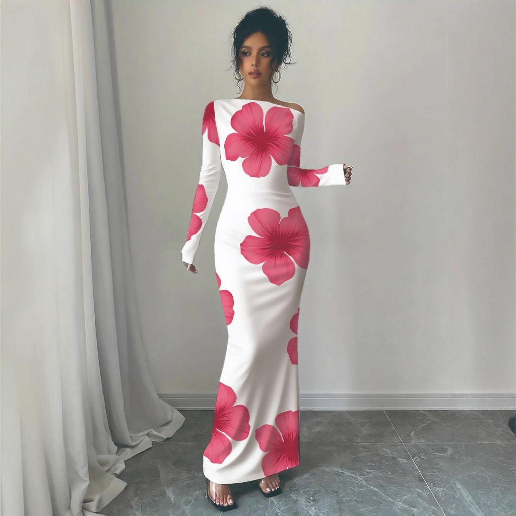 Off-Shoulder Maxi Dress with Asymmetric Neckline and Floral Print, Available In Multiple Colors