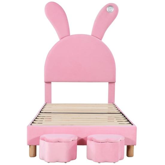 Polsterbett 90x200, mit zwei Stauraumhockern, LED-Nachttischleuchte, Ausklappbare Hasenohren, Ohne Matratze, Jugendbett, Lattenrost, Höhenverstellbar