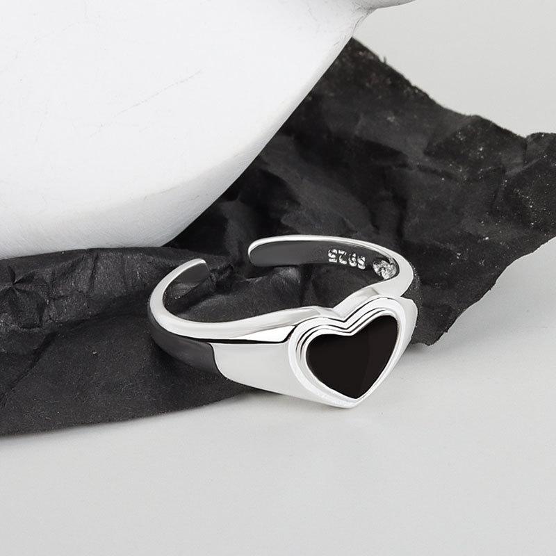 S925 Silver Black Heart Open Ring For Women Fashion Minimalist Cool Personality Index Finger Jewelry