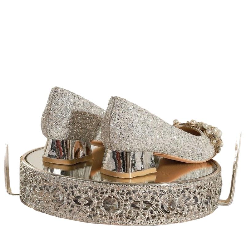 2025 Spring Sparkling Pearl Stickers High Heels Wedding Shoes Banquet Dress 4cm Thick Heels Women's Pumps