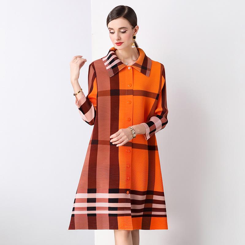 

Pleated Striped Color Block Dress with Turn-Down Collar One Size жёлтый