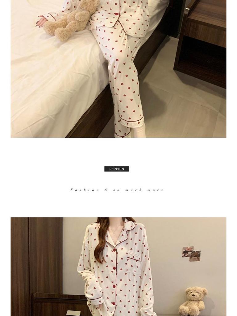 Women's Crinkled Fabric Long-Sleeve Pajama Set – Soft, Fluffy, Heart Design, Wearable Outside.