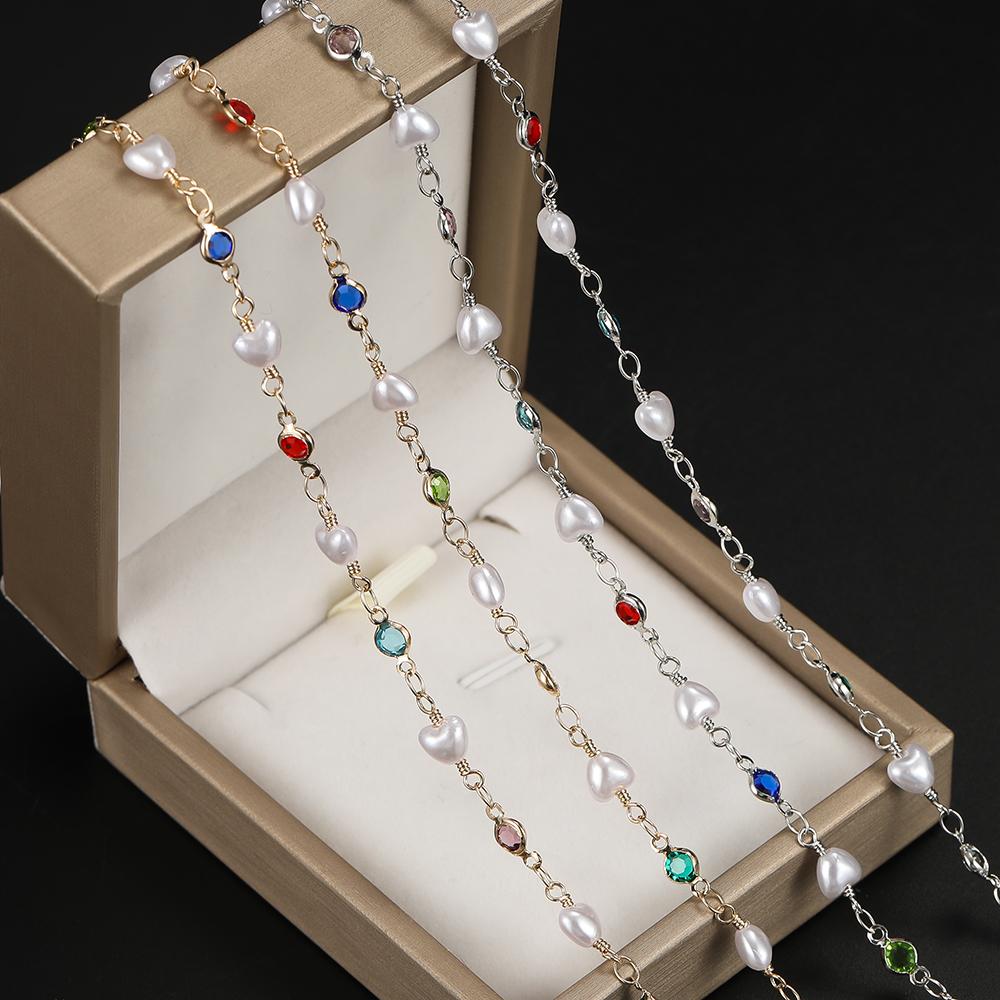 1m Copper Beaded Chain With Heart Shaped Artifical Pearls for Handmade DIY Necklace Bracelet Ankle Chains Jewelry Making Chain