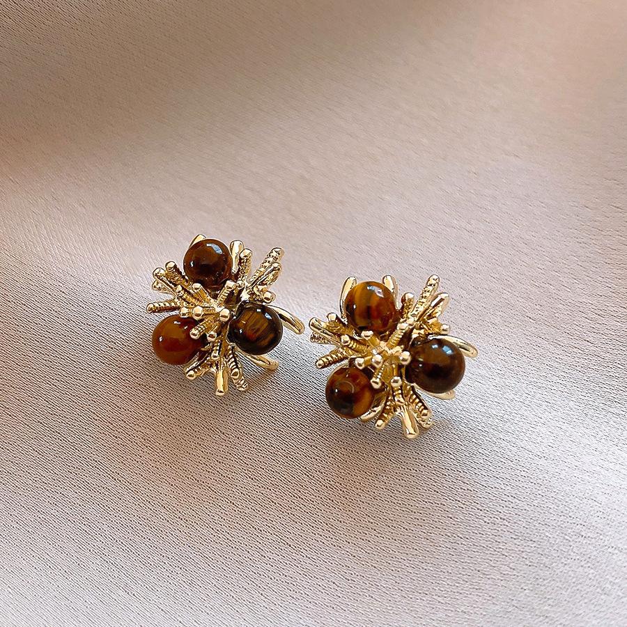 Майяр ретро серьги-гвоздики цветок с камнем тигровый глаз нишевые серьги изысканные простые серьги женские