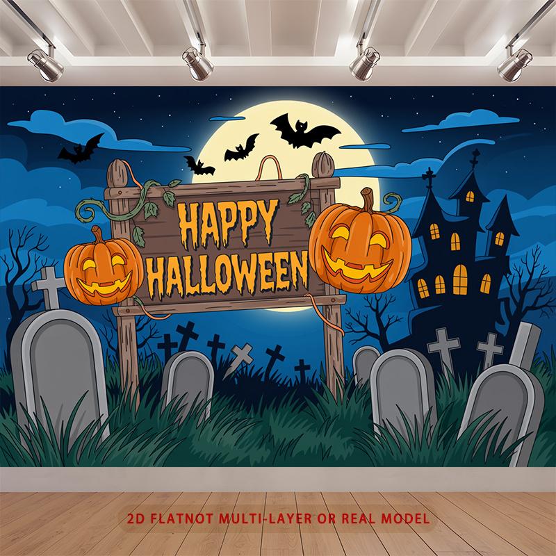 Party Backdrop Halloween Flat Spooky Pumpkin Graveyard Multi Layered Celebrations Event Backdrop Decoration Front Door Decor