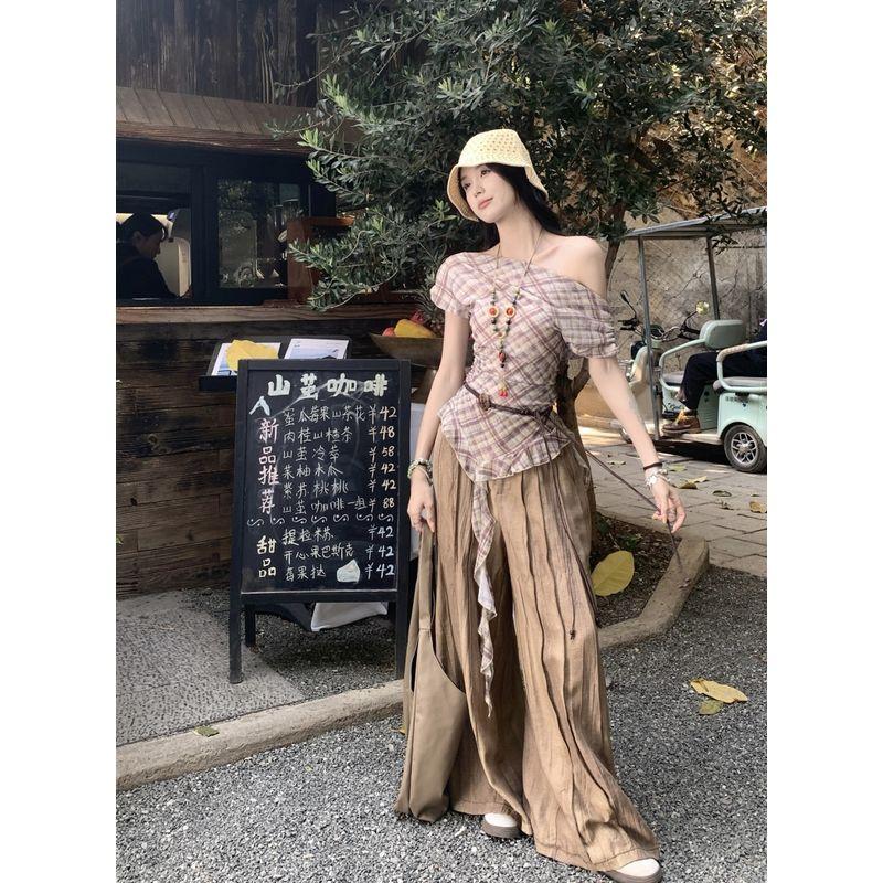 

Kumikumi Niche Design Contrast Color Plaid Short sleeve Chiffon Shirt Women Summer off-Shoulder Slimming Versatile Top Khakis with belt L