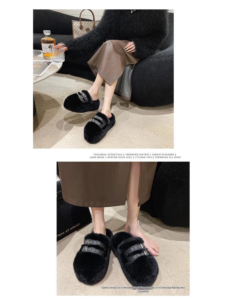 2025 Autumn/Winter Women's Plush Platform Slippers - Cozy Cotton, Thick Sole, Closed Toe
