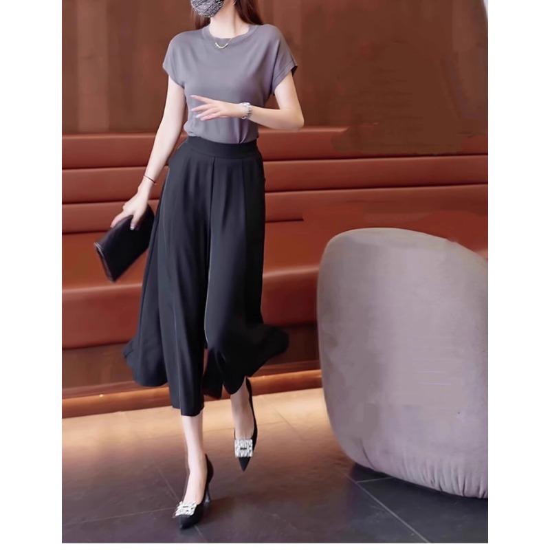 Women High Waist Wide Leg Cropped Pants Elegant Flowy Casual Office Trousers