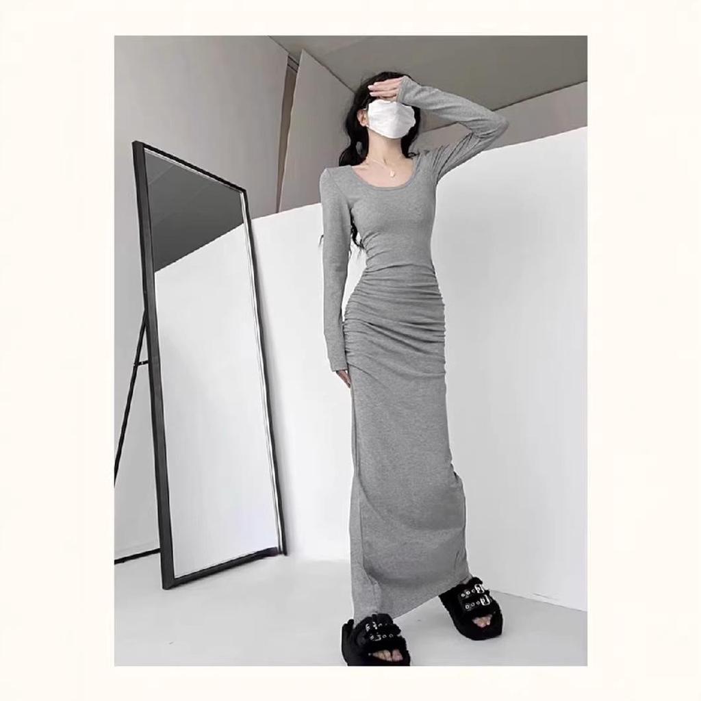 French Retro Solid Color Dress - 2026 Slim-Fit Waist-Cinching Skirt for Spring/Autumn