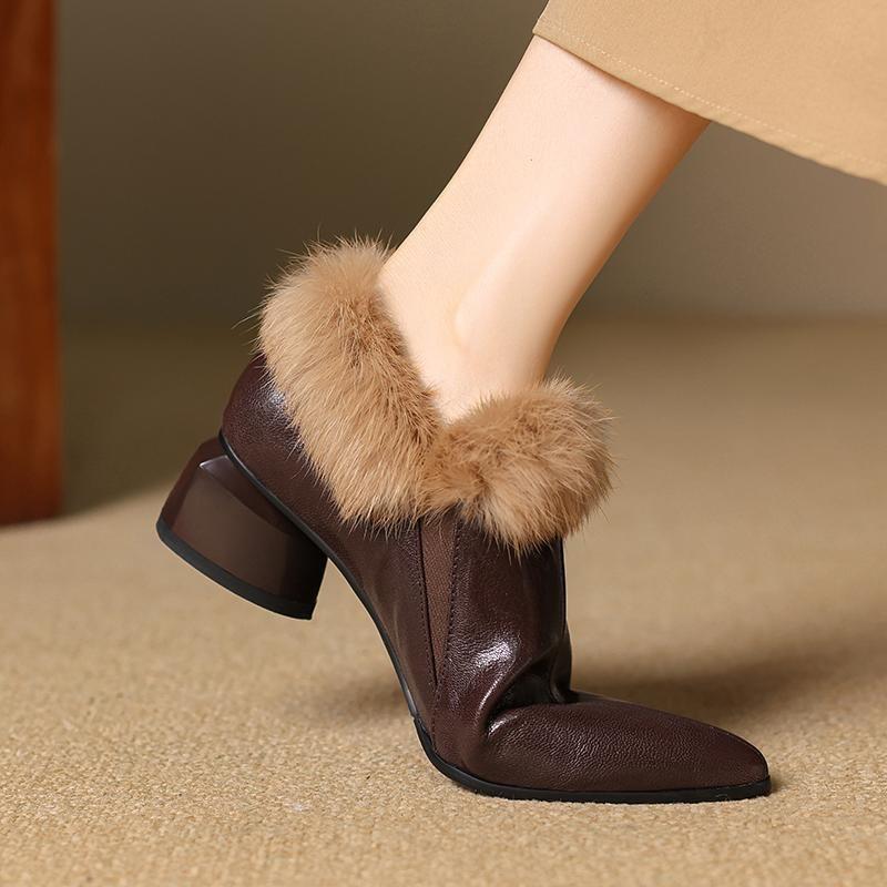 Autumn Women's Plush Warm Ankle Boots Elegant Pointed Toe High Heels Elastic Band Slip-on Chelsea Boots Fashion Block Heel Shoes