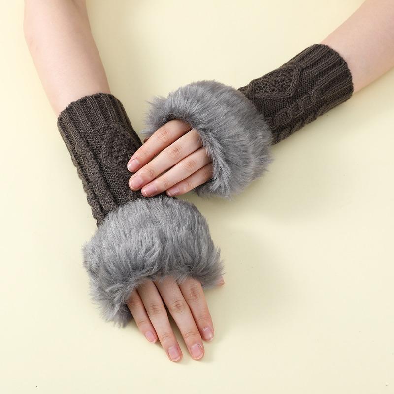 1pair Women's Coffee Colored Short Knitted Gloves with Exposed Fingertips, Winter Warm and Stylish