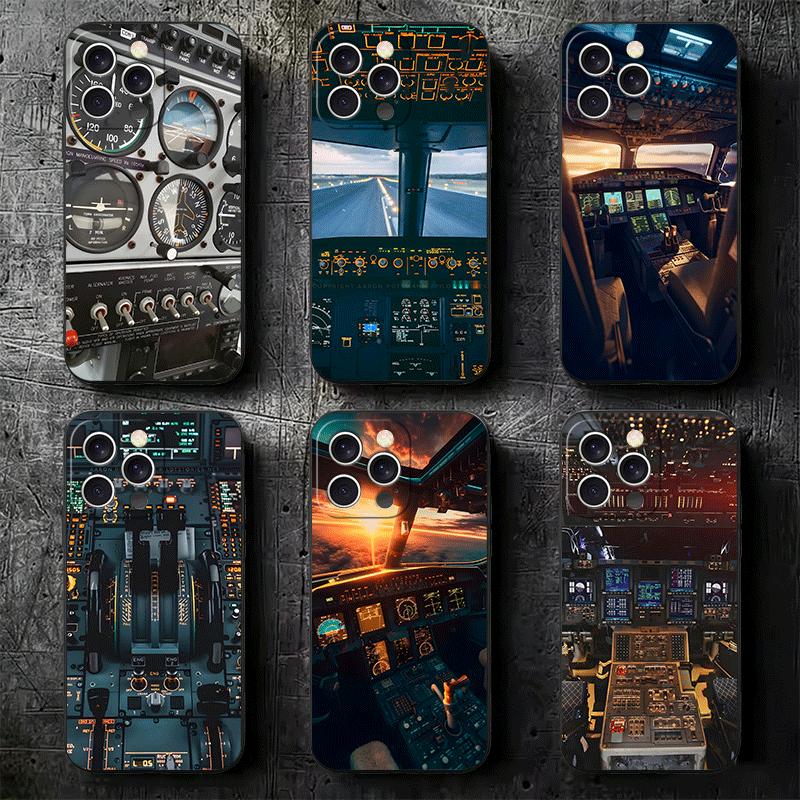 Aviation Aeroplane Pilot Cockpit Soft Phone Case for iPhone 16 16E 17 Air 15 Pro Max 14 Plus 13 Mini 11 12 7 Black Cover Back Sh