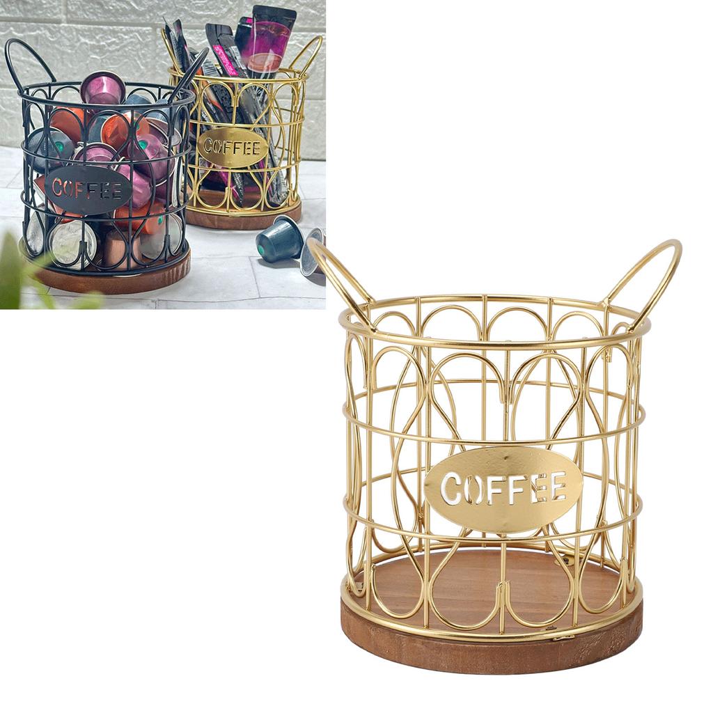 Coffee Pod Basket Decorative Round Wire Coffee Capsule Holder with Wooden Base for Cafe Kitchen Countertop