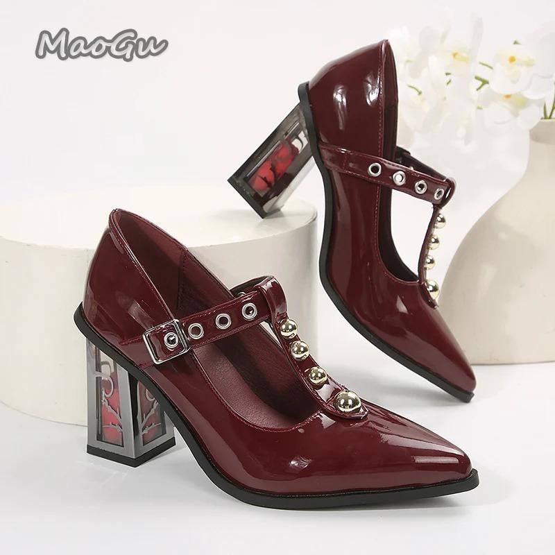 Fashion Punk Elegant Pointed Toe High Heels Pumps Women 2025 New Trendy Thick Rose Heeled Dress Shoes Woman Mary Jane Shoes Size 35 42