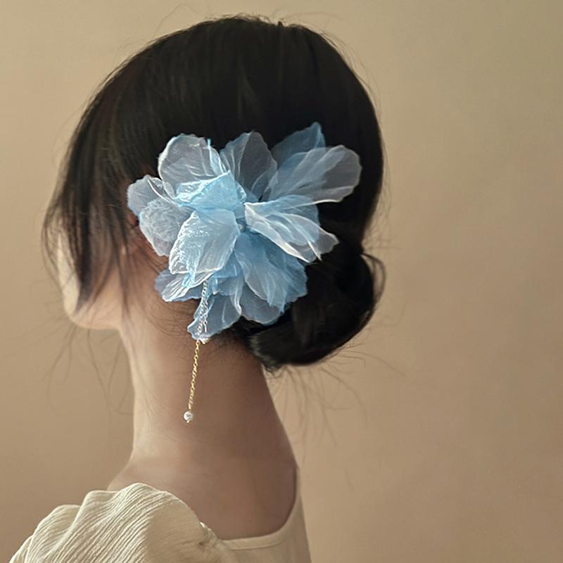 Korean Antique Chiffon Flower Pearl Tassel Hair Stick U-Shaped Hair Clip Temperament Chinese Style Hairpin For Women Headwear