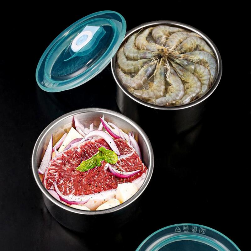 

Stainless Steel Crisper Box Food Storage Serving Tray Round Bowl With Cover Home Kitchen Organizer Rust-proof Food Container 1PC