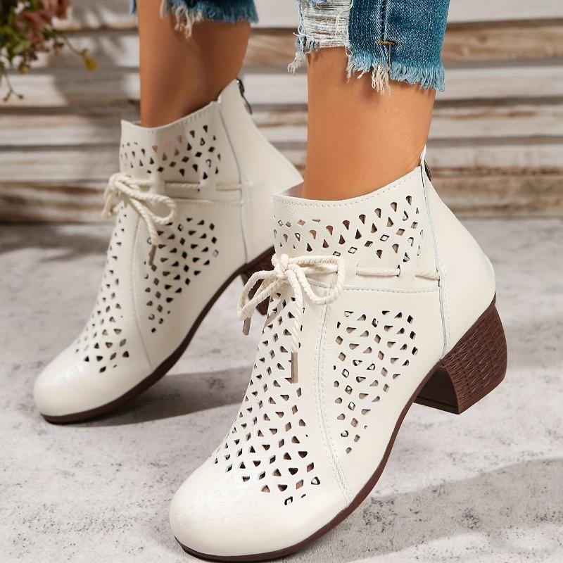 Women'S Breathable Cut-Out Chunky Heel Ankle Boots - Soft Synthetic Cover Round Toe Lace-Up Boots with Thick Rubber Sole for Casual & Formal Outfits
