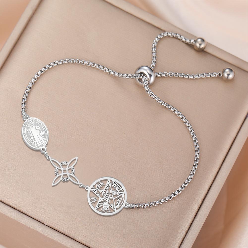Triple Protection Bracelet St. Benedict Witch Knot Pentagram Tetragrammaton Stainless Steel Adjustable Bracelet