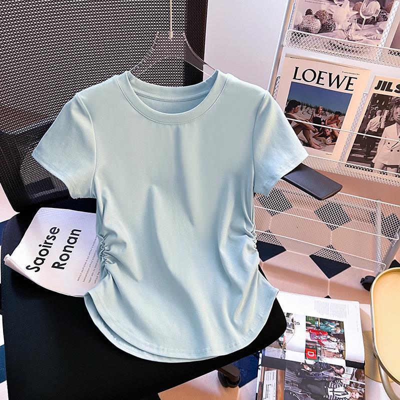 Women's Summer 2024 Ruched Waist Irregular Short Sleeve Round Neck T-Shirt