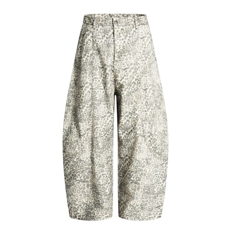 

Madwitch American Retro Distressed Wide-Leg Washed Leopard Print Jeans Unisex Loose Fit Scimitar Pants Trendy Leopard print 2XL