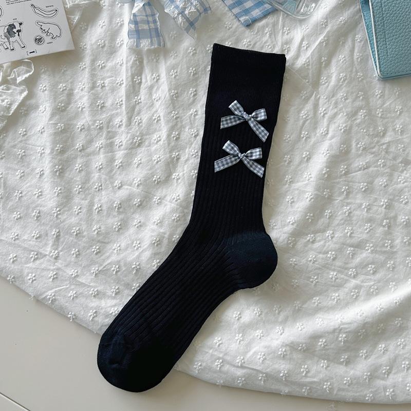 Ballet Style Solid Color Bow Mid Tube Socks Summer Cotton Lightweight Breathable Fashionable Soft Comfortable Casual Women Socks