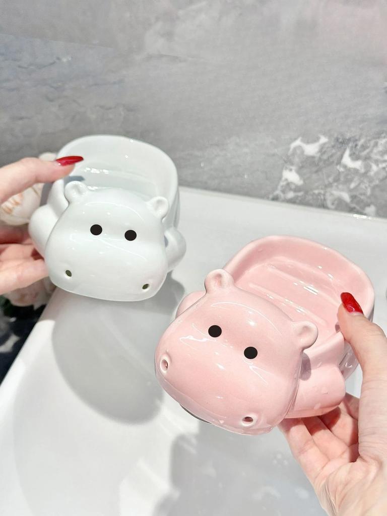 Cartoon Hippo Soap Box Waterproof Moisture-proof Household Decoration Creative Cute Ceramic Drain Punch-free Washbasin Soap Box