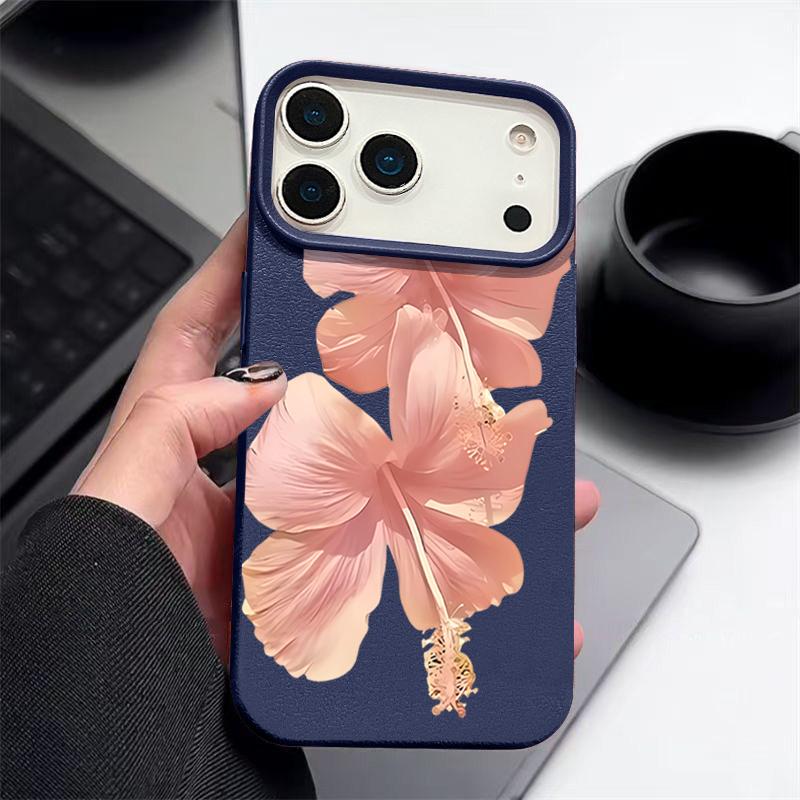 Pouzdro Pro iPhone 17 Pro Max Růžový vzor ibišku Kožená textura Silikonový kryt Pro iPhone 16 Pro Max 15 14 13 12 11 Air 16E