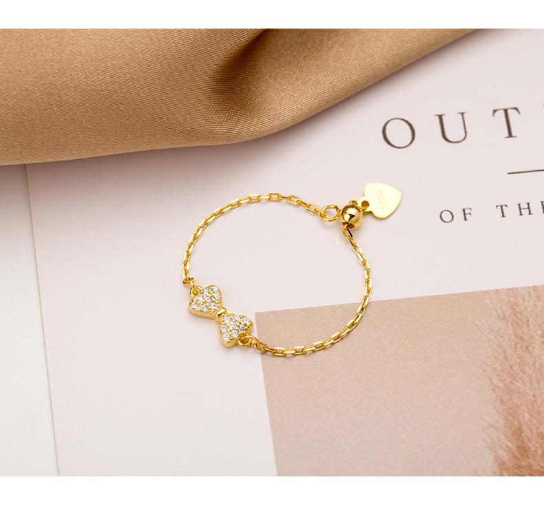 925 Sterling Silver Adjustable Bow Chain Ring for Women - Light Luxury, Niche Cold Style.