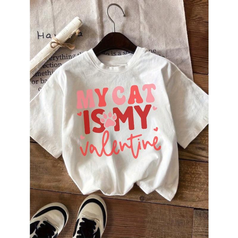 European sizes Girls Valentines Day T Shirt My Cat Is My Valentine Paw Print Design Cute Holiday School Outfit Gift for Kids