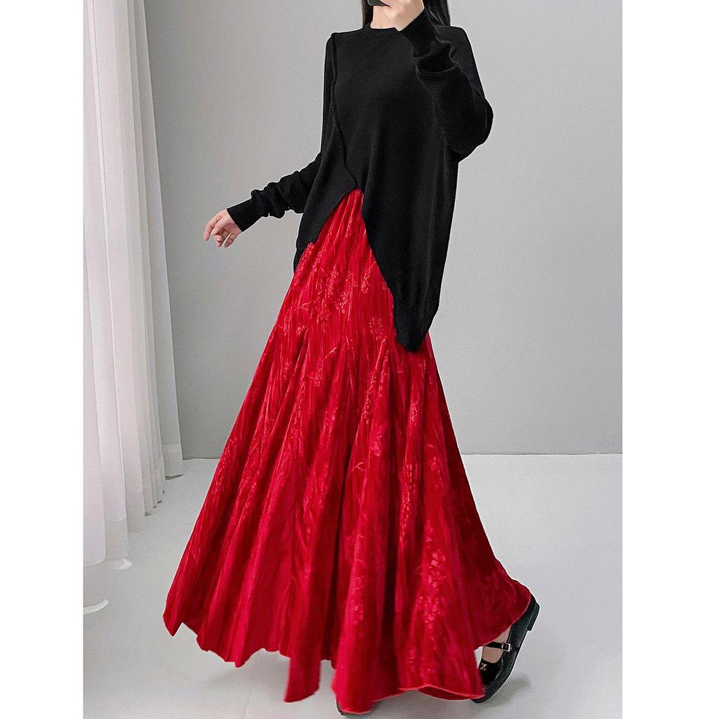 Autumn Winter Chinese Style Mermaid Half and Full-Length Skirt with Solid Color Print