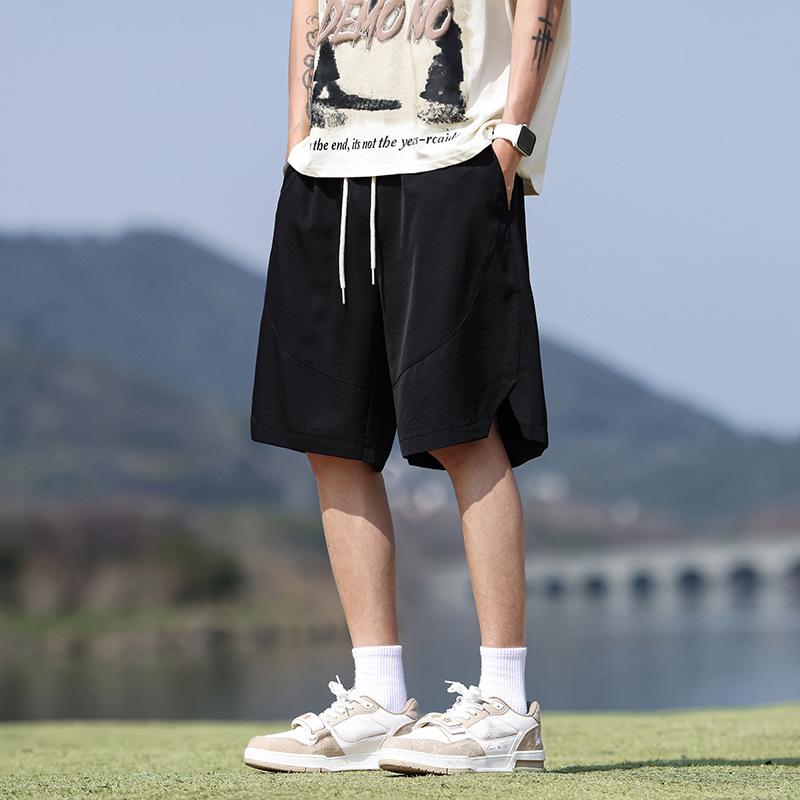 

Men s Beige Drawstring Casual Shorts - Oversized Streetwear Summer Athletic Shorts with Split Hem M чорний