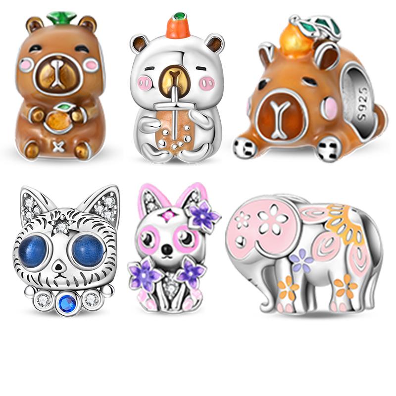 925er Sterlingsilber Tier-Serie Charms Niedliche Capybara Elefant Katze Anhänger Perlen Passend für Armband DIY Schmuck Markierung