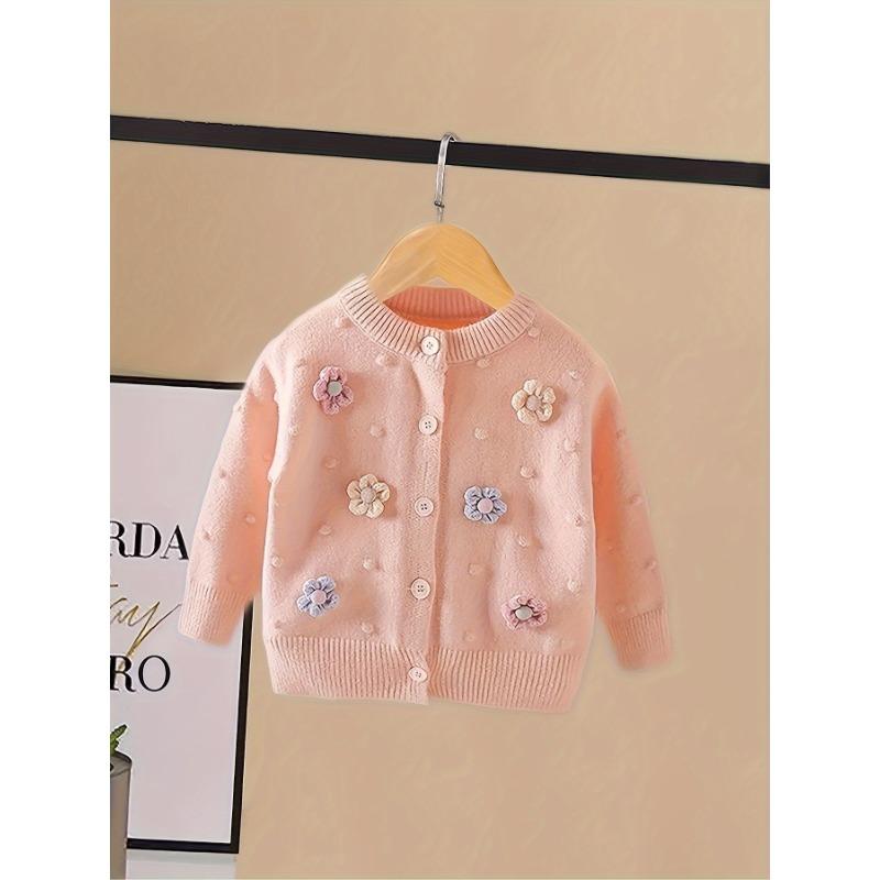 Girls' Embroidered 3D Floral Cardigan Sweater - Soft Pink Pastel Pastel Knit with Blue & Purple Flowers, Machine Washable Round Neck Long Sleeve