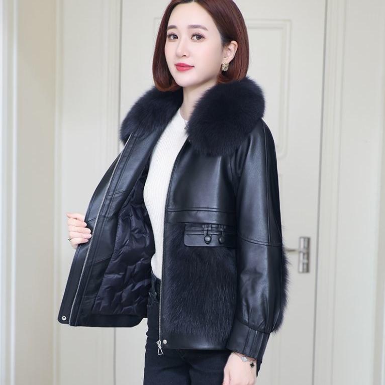 Autumn Winter Women's Faux Fur Coats Stitched Artificial Fox Fur Collar Fur Coat Short Slim Down Leather Jacket