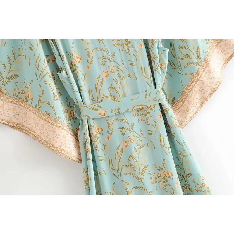 Moda Donna Stampa Floreale Verde Manica a Pipistrello Rayon Spiaggia Boemo Kimono Scollo a V Da Donna Robe Boho