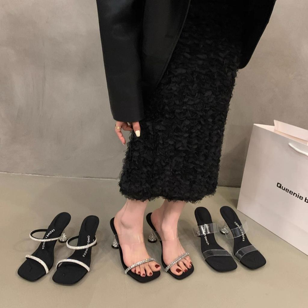 Versatile College Style Foreign Style Transparent Sandals Rhinestones Light Luxury Sweet Cool Summer Square Head Heel Daily Low