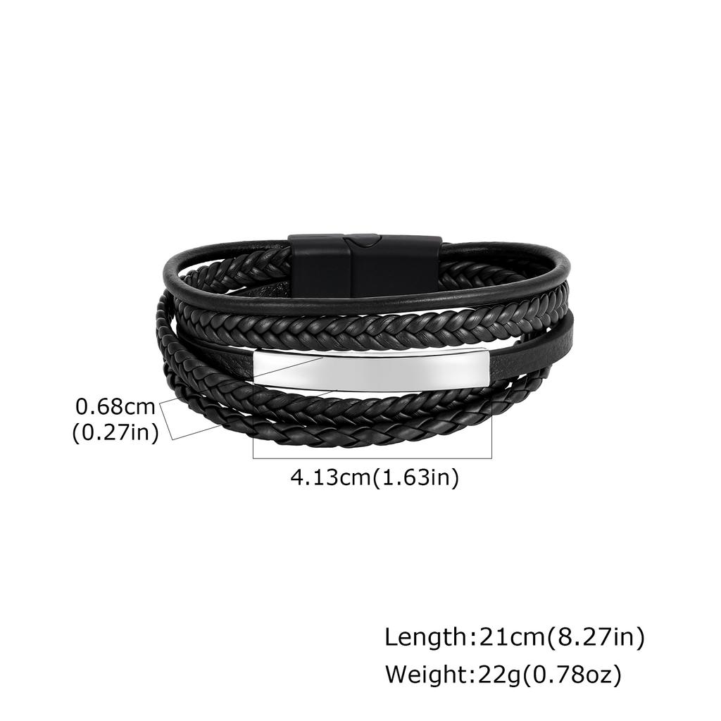 Vnox Free Engraving Men's Bracelet, Multilayer Leather Stainless Steel Long Bar Charm Wristband, Brown Black Braided Jewelry New