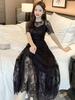 Black Hollow Mesh Lace Short-Sleeve Dress – Retro & Alluring French Style, Slimming Waist-Cinching Design for the Mature Woman.