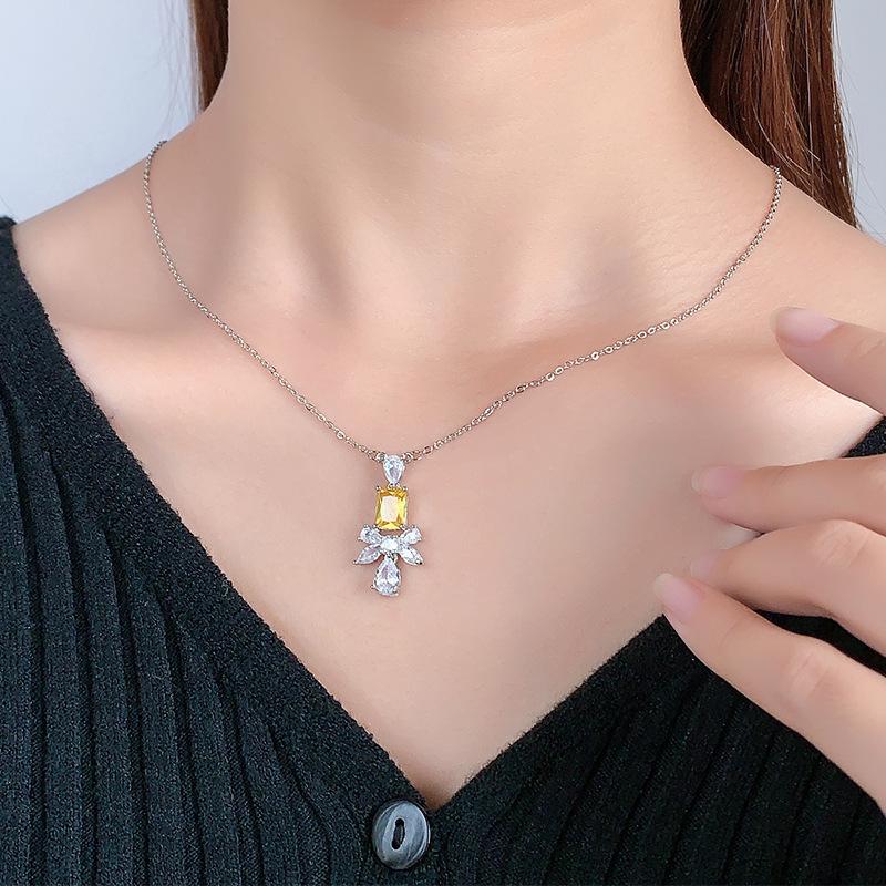 Exquisite Yellow-Pink Rectangular Gemstone Bow Water Drop Necklace Feminine Bridal Dress Accessory Pendant Party Birthday Gift