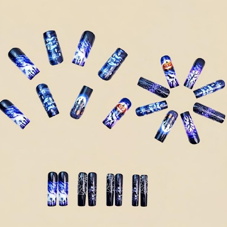 24 Pieces Halloween Coffin Fake Nail Purple Bat Pumpkin Design Durability Nail For Women Party Costume Accessories