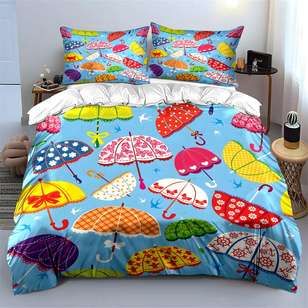 Colorful Umbrella Pattern Design Bedding Duvet Cover Set (1*Duvet Cover 2*Pillowcases, without duvet insert)