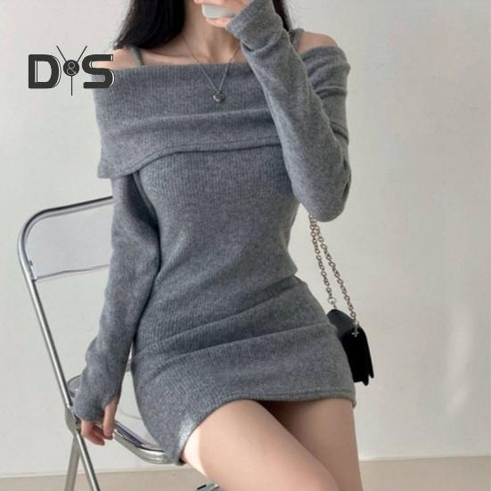 Women Knitting Tops Off Shoulder Long Sleeve Solid Color Slim Fit Pullover Tops Sexy Ribbed Long Blouse