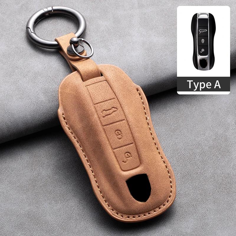 Leather Car Key Case Cover Shell Fob For Porsche Panamera Spyder Carrera Macan Cayman Cayenne 911 970 981 991 Car Keychains