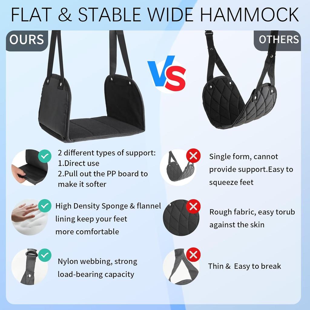 Foot Hammock for Plane Travel, Airplane Foot Rest, Flight Foot Sling with Extended Adjustment Strap, Portable Desk Foot Hammock, Wider Leg Hammock