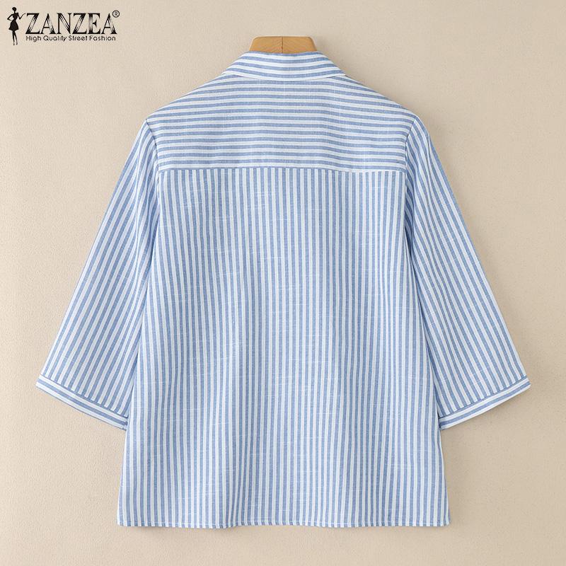 ZANZEA Women Turn Down Collar Loose 3/4 Sleeve Casual Stripe Blouse