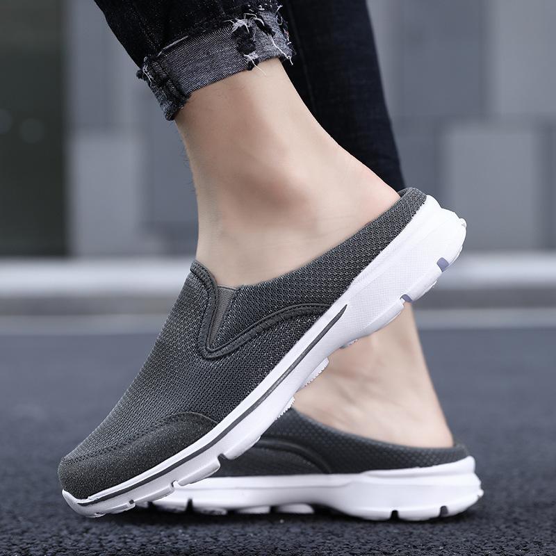 2025 Korean version of large size casual shoes half tray men's shoes single shoes men's flat sole one pedal sandals mesh half drag
