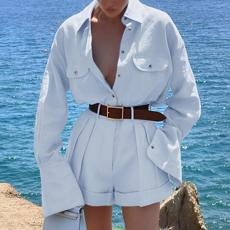 

VONDA Женские винтажные комплекты с рубашкой с лацканами и длинными рукавами и шортами однотонной расцветки 5XL синий