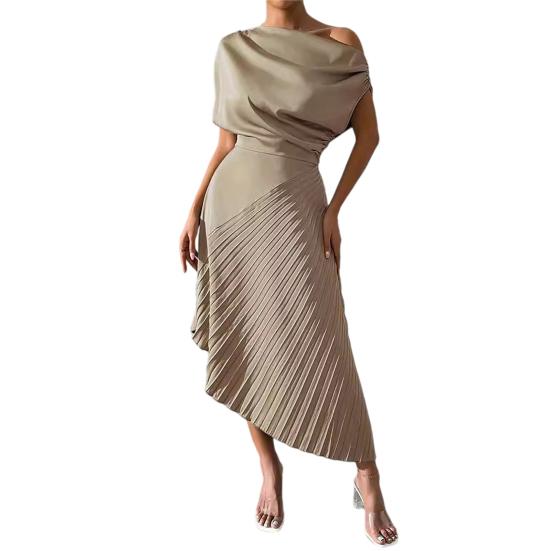 Vestido de Noche Formal Plisado para Mujer Vestido Plisado de un Solo Hombro Línea A Manga Corta Fruncido Vestido de Fiesta Cóctel